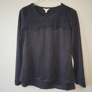 Adiva Women's Black Lace Detail Split Back Long Sleeve Blouse Size Small